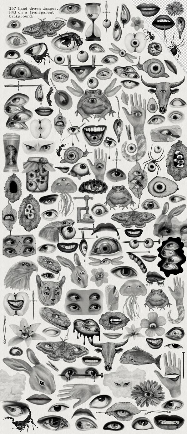 157款复古黑白恐怖迷幻眼睛纹身刺青插画潮流艺术png免抠拼贴图片素材Mindrift. Psychedelic Illustrations 图片素材 sucaiwan.com