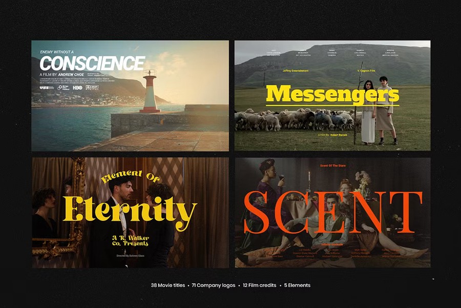 50幅时尚电影海报/演员表剧组人员名单/连续剧电视节目宣传海报 Photoshop模板+字体 Pixflow - Movie Titles Vol.2 设计素材 sucaiwan.com