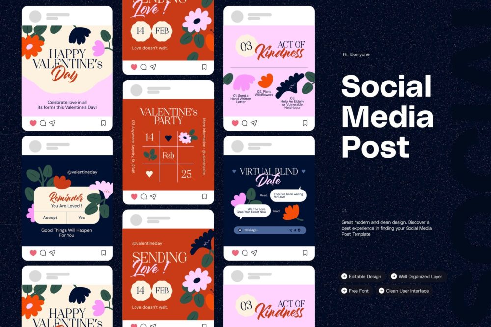 浪漫粉红色ins风情人节图文海报排版设计模版 Happy Valentine – Instagram Post 图片素材 sucaiwan.com