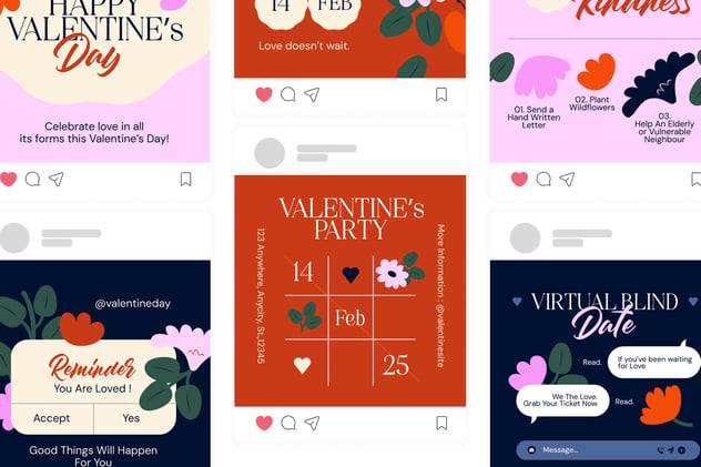 浪漫粉红色ins风情人节图文海报排版设计模版 Happy Valentine – Instagram Post 图片素材 sucaiwan.com