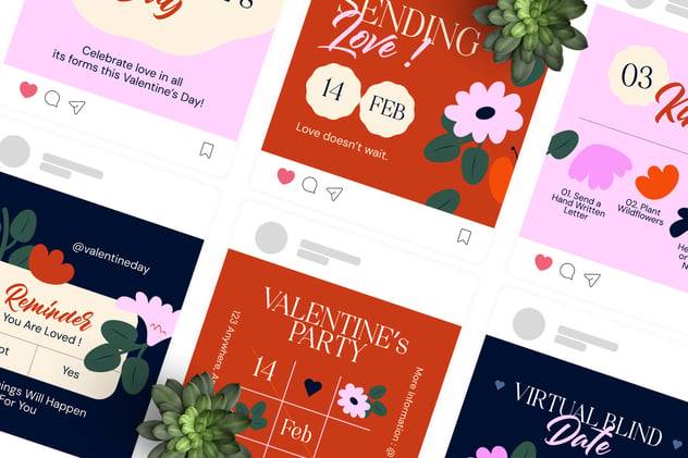 浪漫粉红色ins风情人节图文海报排版设计模版 Happy Valentine – Instagram Post 图片素材 sucaiwan.com