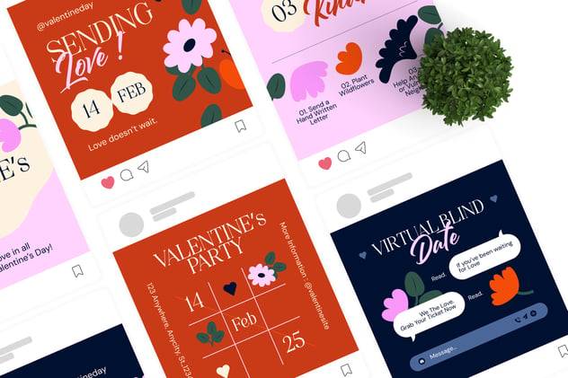 浪漫粉红色ins风情人节图文海报排版设计模版 Happy Valentine – Instagram Post 图片素材 sucaiwan.com