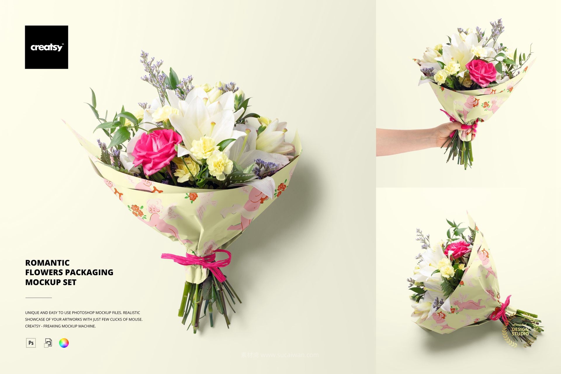 时尚Ins风花束鲜花包装纸防尘纸印花图案设计展示效果图Ps贴图样机模板素材Romantic Flowers Packaging Mockup Set 样机素材 第1张-素材湾丨精选海外优质设计素材资源 时尚Ins风花束鲜花包装纸防尘纸印花图案设计展示效果图Ps贴图样机模板素材Romantic Flowers Packaging Mockup Set 样机素材 sucaiwan.com
