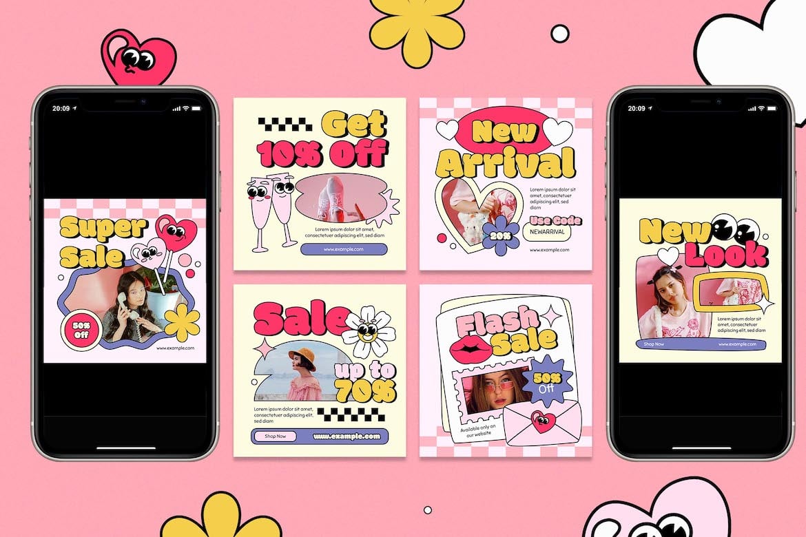 复古卡通ins风情人节图文海报排版设计模版 Retro Cartoon Valentine Fashion Instagram Set 图片素材 sucaiwan.com