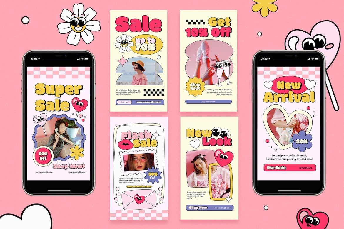 复古卡通ins风情人节图文海报排版设计模版 Retro Cartoon Valentine Fashion Instagram Set 图片素材 sucaiwan.com