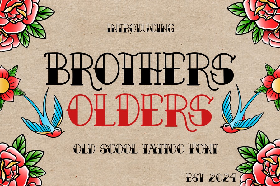 复古卡通海报包装服装徽标设计装饰英文字体安装包 Brothers Olders Vintage Tattoo Display Font 设计素材 sucaiwan.com