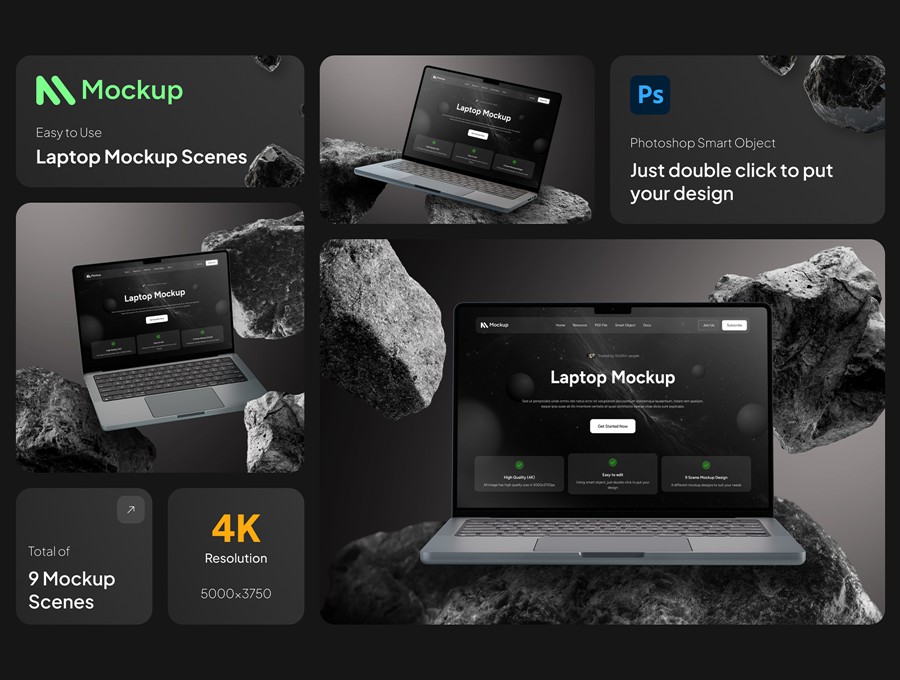 9款高级岩石背景网站UI界面设计苹果MacBook笔记本电脑展示PS贴图样机模板Laptop Mockup Screen Collection 样机素材 第1张-素材湾丨精选海外优质设计素材资源 9款高级岩石背景网站UI界面设计苹果MacBook笔记本电脑展示PS贴图样机模板Laptop Mockup Screen Collection 样机素材 sucaiwan.com