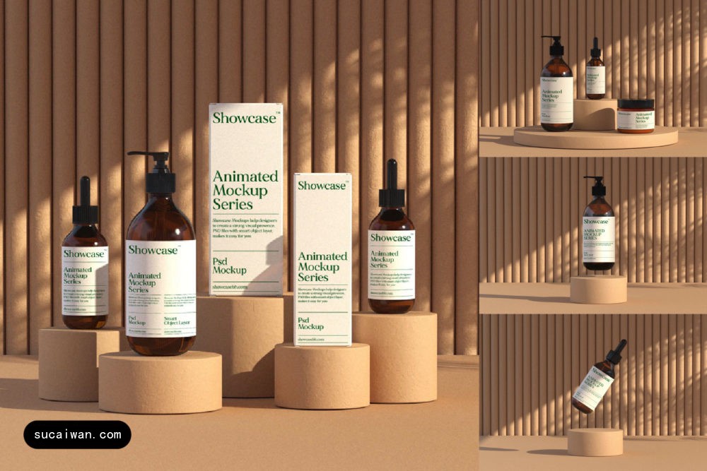 4款高级化妆品滴管瓶按压瓶面霜包装盒设计动态展示PS贴图样机模板S_Animated Skincare MockupBundle 样机素材 sucaiwan.com