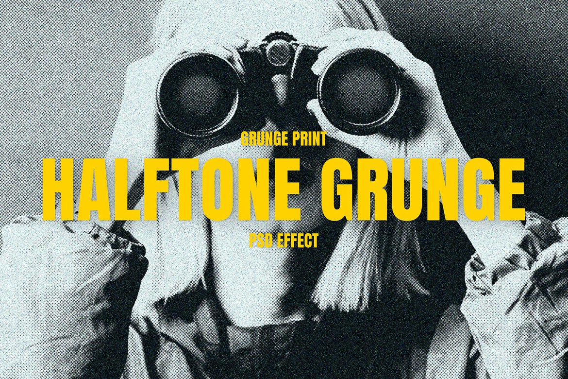 黑白做旧颗粒照片效果ps特效滤镜样机 Halftone Grunge PSD Photo Effect 插件预设 sucaiwan.com