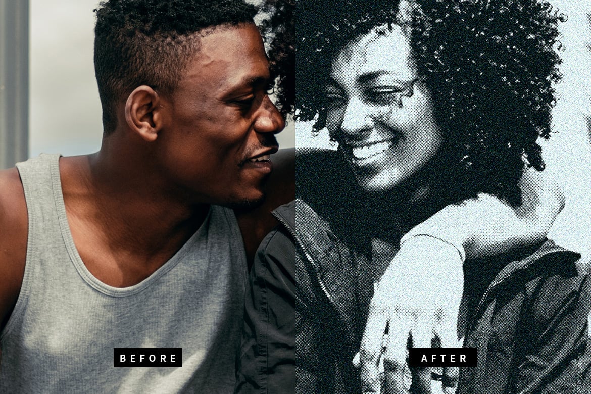 黑白做旧颗粒照片效果ps特效滤镜样机 Halftone Grunge PSD Photo Effect 插件预设 sucaiwan.com