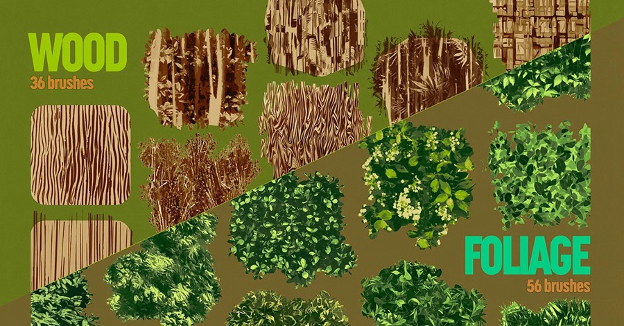 创意树叶树木木纹岩石云朵概念插画绘画效果procreate笔刷画笔素材Concept Megapack for Procreate 笔刷资源 sucaiwan.com