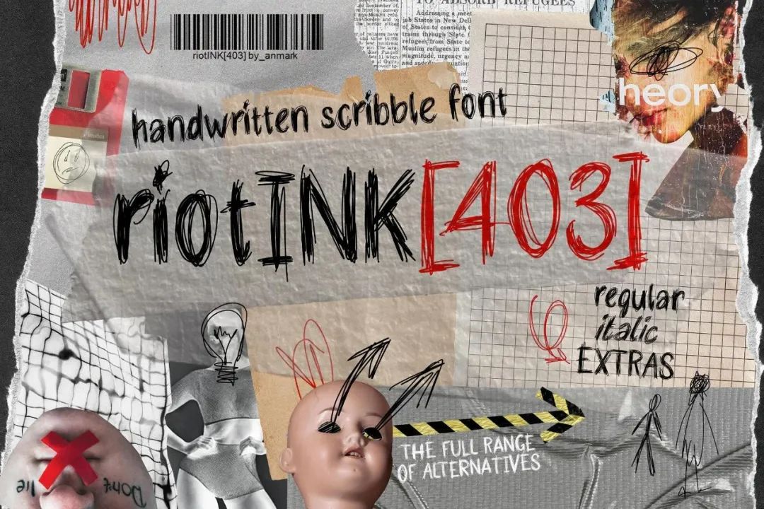 英文字体:复古邋遢涂鸦手绘风格炫酷潦草摇滚线条变体杂志封面字体包 RiotINK. Handwritten Scribble Font 设计素材 第1张-素材湾丨精选海外优质设计素材资源 英文字体:复古邋遢涂鸦手绘风格炫酷潦草摇滚线条变体杂志封面字体包 RiotINK. Handwritten Scribble Font 设计素材 sucaiwan.com