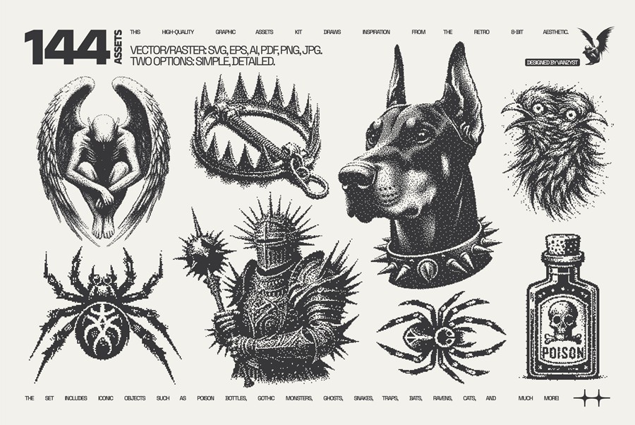 144款复古哥特神话暗黑低保真马赛克像素潮流艺术插画ai矢量素材144 DarkPixel Graphic Pack by Vanzyst 图片素材 第2张-素材湾丨精选海外优质设计素材资源 144款复古哥特神话暗黑低保真马赛克像素潮流艺术插画ai矢量素材144 DarkPixel Graphic Pack by Vanzyst 图片素材 sucaiwan.com