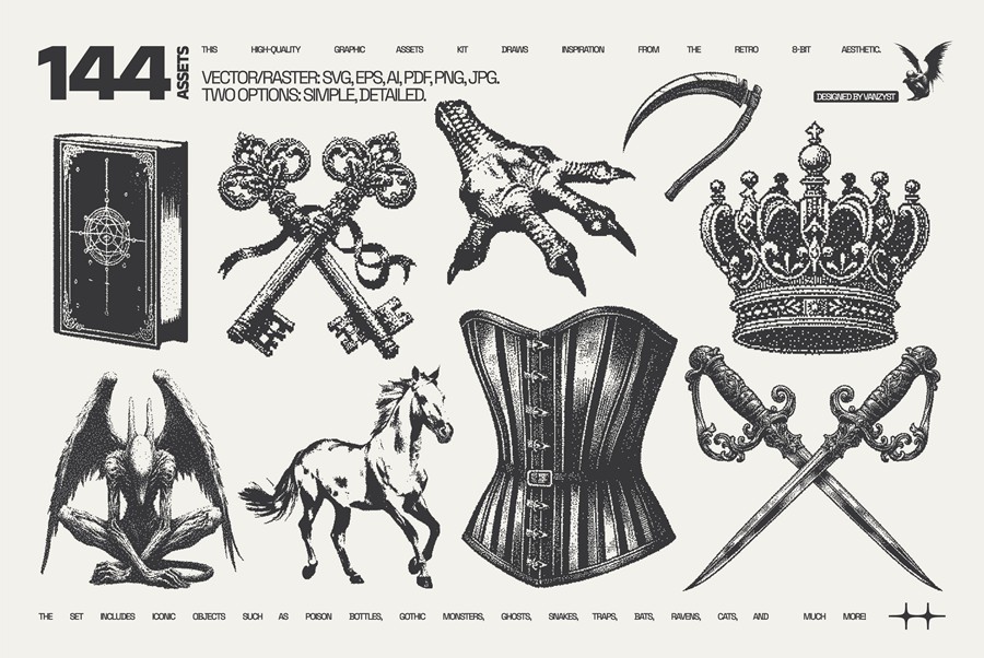 144款复古哥特神话暗黑低保真马赛克像素潮流艺术插画ai矢量素材144 DarkPixel Graphic Pack by Vanzyst 图片素材 第3张-素材湾丨精选海外优质设计素材资源 144款复古哥特神话暗黑低保真马赛克像素潮流艺术插画ai矢量素材144 DarkPixel Graphic Pack by Vanzyst 图片素材 sucaiwan.com