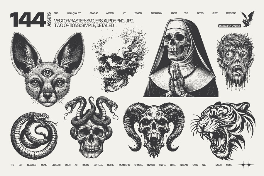 144款复古哥特神话暗黑低保真马赛克像素潮流艺术插画ai矢量素材144 DarkPixel Graphic Pack by Vanzyst 图片素材 第5张-素材湾丨精选海外优质设计素材资源 144款复古哥特神话暗黑低保真马赛克像素潮流艺术插画ai矢量素材144 DarkPixel Graphic Pack by Vanzyst 图片素材 sucaiwan.com