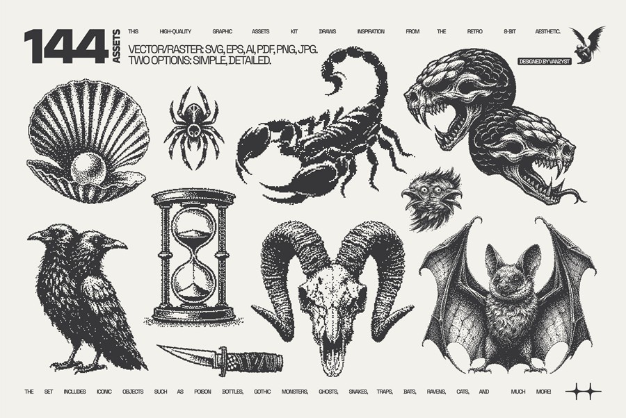 144款复古哥特神话暗黑低保真马赛克像素潮流艺术插画ai矢量素材144 DarkPixel Graphic Pack by Vanzyst 图片素材 第7张-素材湾丨精选海外优质设计素材资源 144款复古哥特神话暗黑低保真马赛克像素潮流艺术插画ai矢量素材144 DarkPixel Graphic Pack by Vanzyst 图片素材 sucaiwan.com