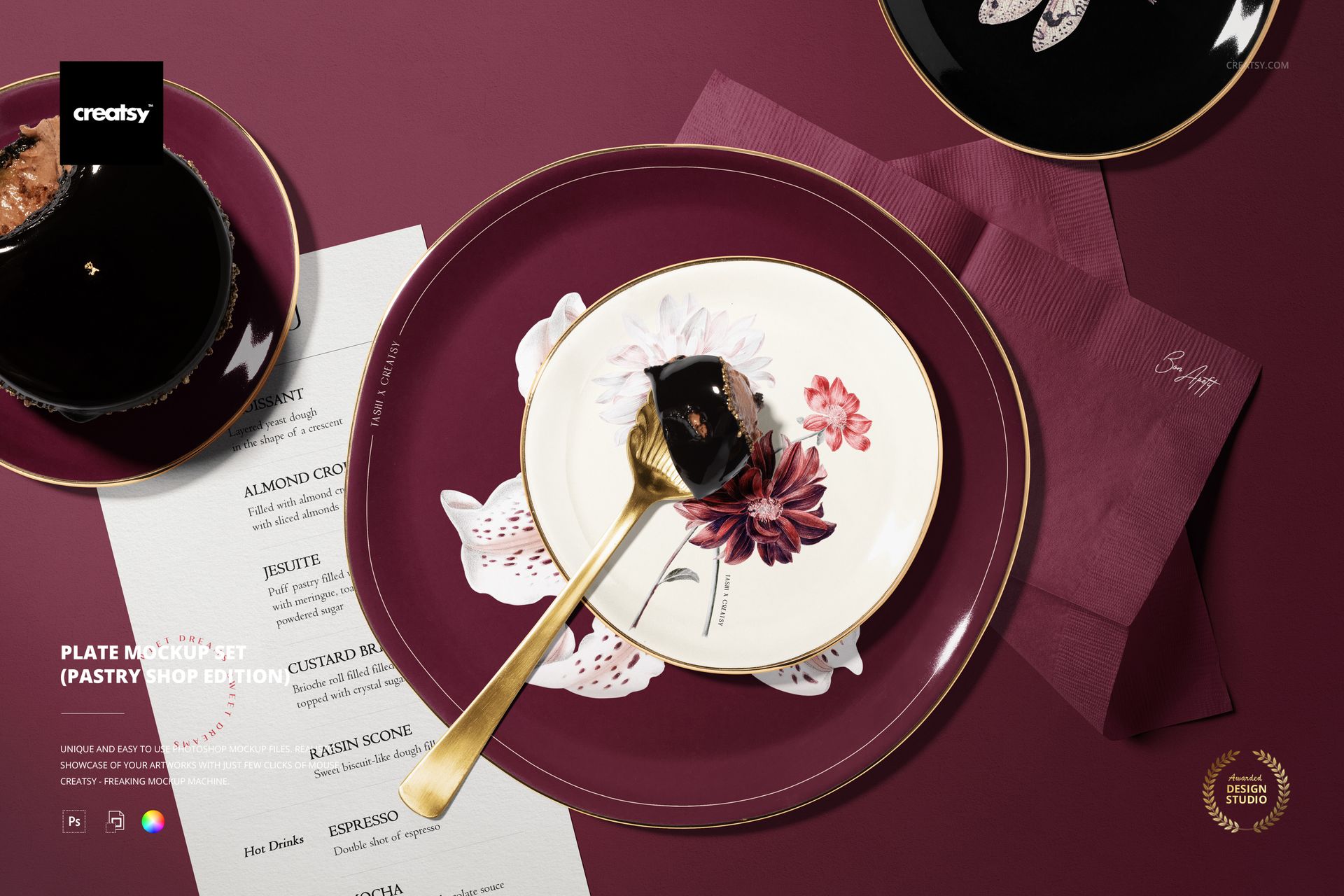 16款瓷盘菜单餐巾纸糕点甜点Vi设计展示效果图Ps贴图样机模板 Plate Mockup Set (pastry shop edition) , 第1张-素材湾丨精选海外优质设计素材资源 16款瓷盘菜单餐巾纸糕点甜点Vi设计展示效果图Ps贴图样机模板 Plate Mockup Set (pastry shop edition) , sucaiwan.com