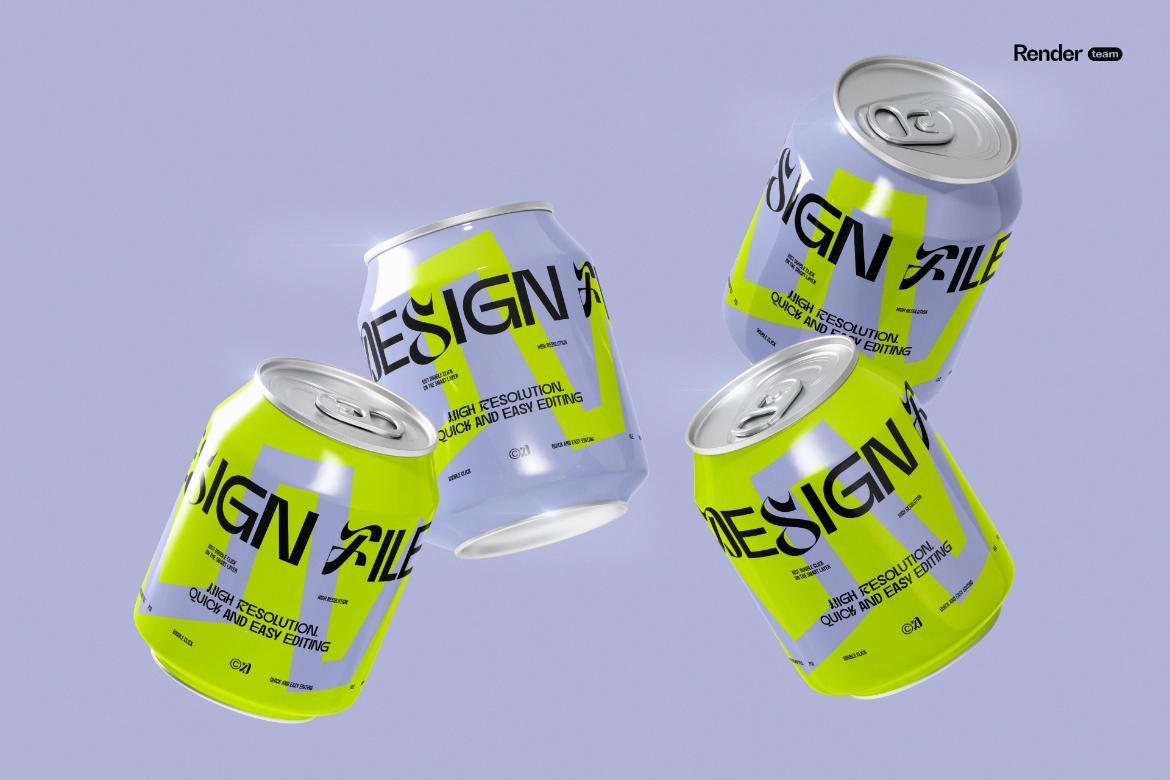 5款逼真330ml啤酒苏打水饮料易拉罐3D模型PSD样机模板设计素材Mini Soda / Beer Can Mockup Set 样机素材 sucaiwan.com