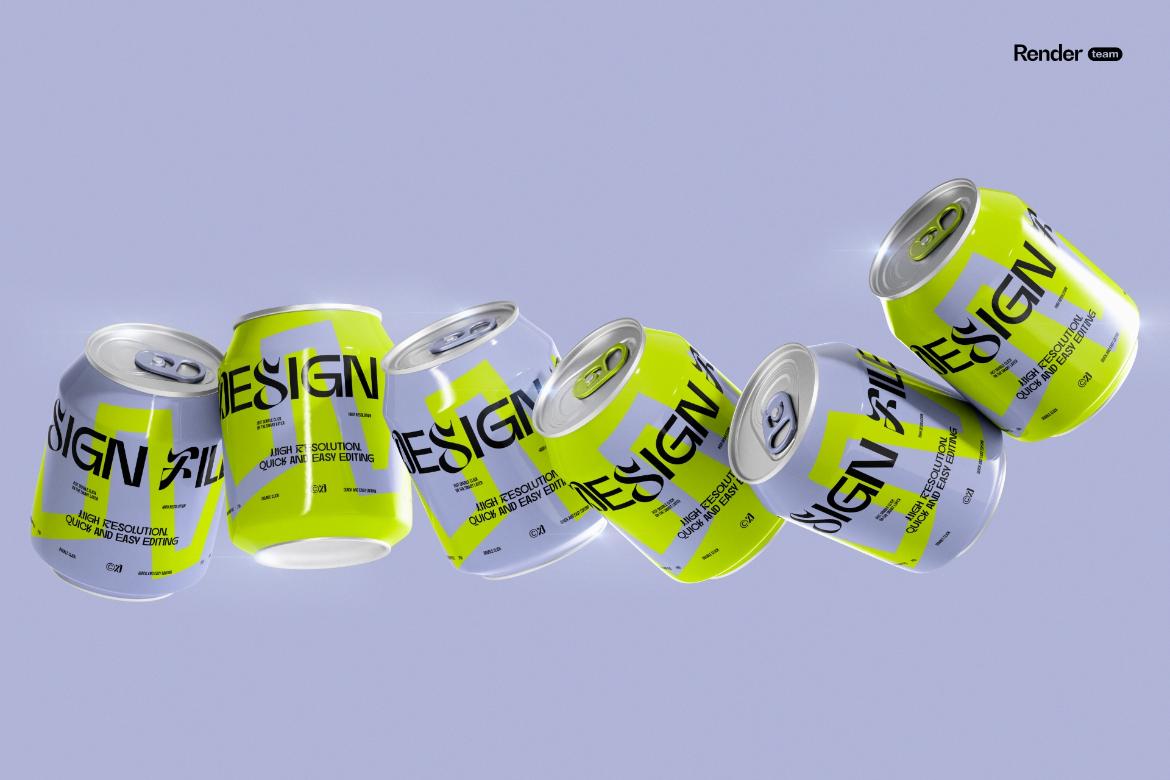 5款逼真330ml啤酒苏打水饮料易拉罐3D模型PSD样机模板设计素材Mini Soda / Beer Can Mockup Set 样机素材 sucaiwan.com