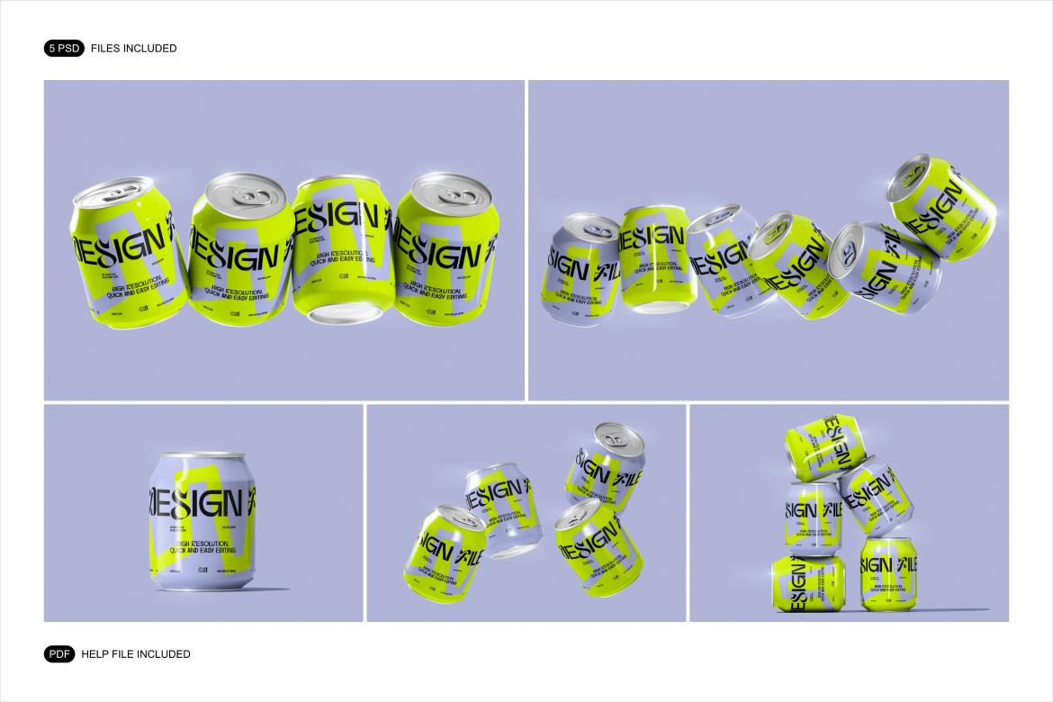 5款逼真330ml啤酒苏打水饮料易拉罐3D模型PSD样机模板设计素材Mini Soda / Beer Can Mockup Set 样机素材 sucaiwan.com