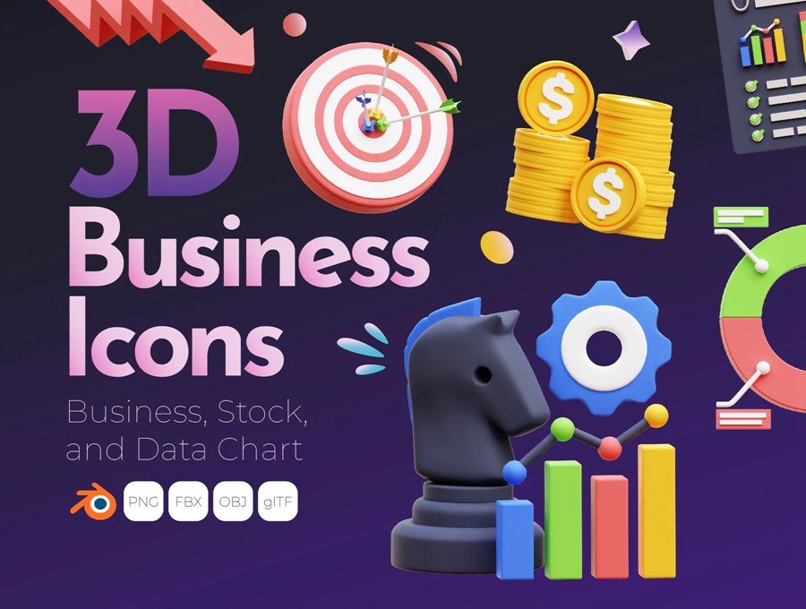 24款3D质感商业理财办公数据统计插图图标Icons设计Blender/FBX/OBJ/PNG格式素材Business 3D Illustration 图标素材 sucaiwan.com