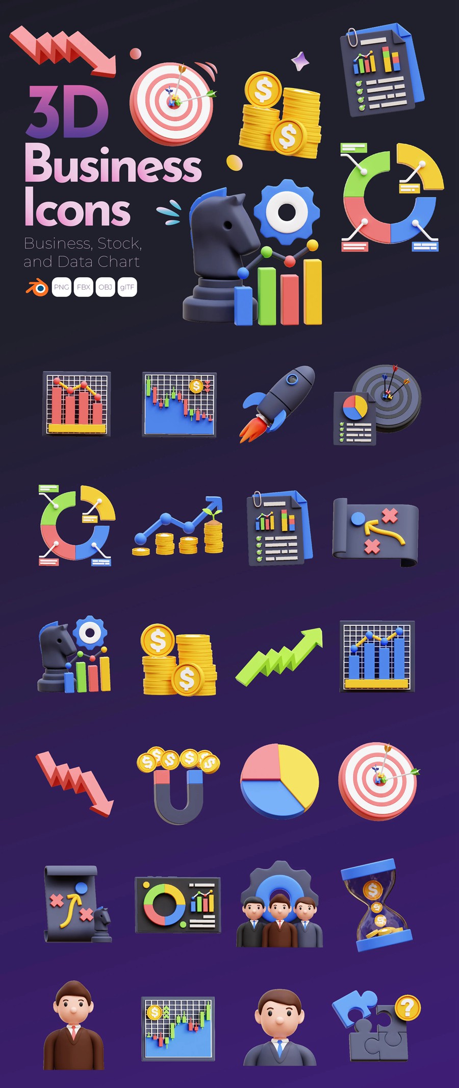 24款3D质感商业理财办公数据统计插图图标Icons设计Blender/FBX/OBJ/PNG格式素材Business 3D Illustration 图标素材 sucaiwan.com