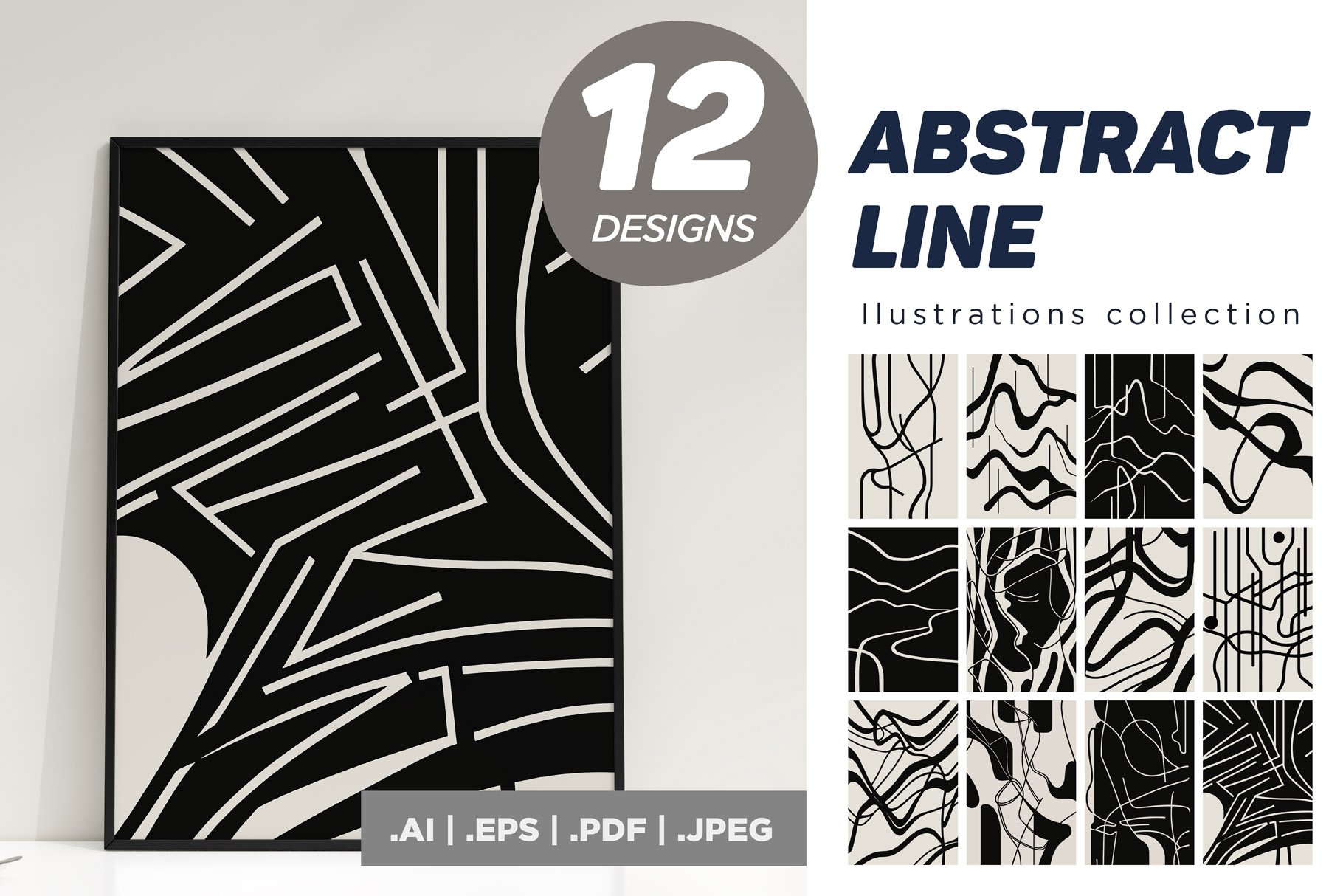 Black and White Line Art Painting 当代和现代美感抽象线条艺术绘画室内印刷海报 图片素材 sucaiwan.com