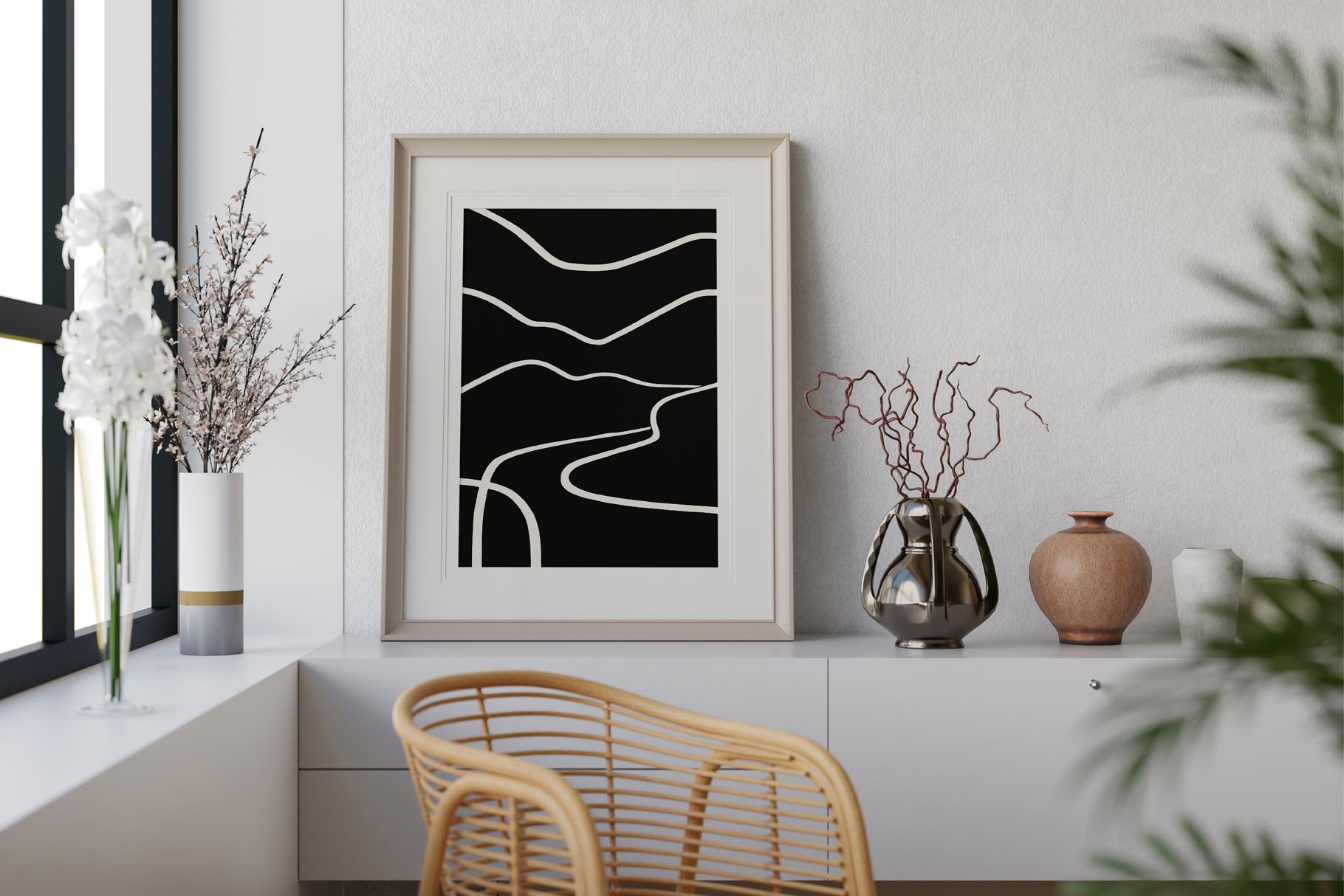 Black and White Line Art Painting 当代和现代美感抽象线条艺术绘画室内印刷海报 图片素材 sucaiwan.com