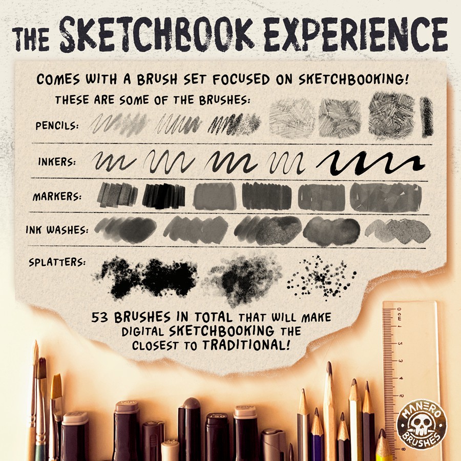 真实素描铅笔记号笔水墨墨水飞溅procreate画笔笔刷设计素材The Sketchbook Experience for Procreate 笔刷资源 sucaiwan.com