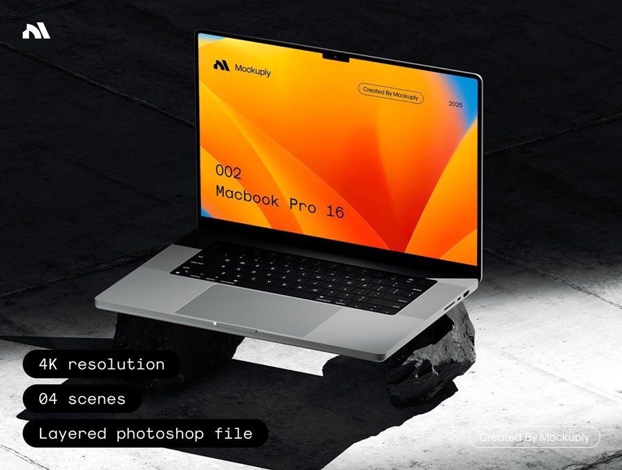 7款暗黑工业风混凝土背景UI广告界面设计苹果MacBook Pro笔记本电脑展示PSD样机模板Macbook Pro 002 样机素材 sucaiwan.com