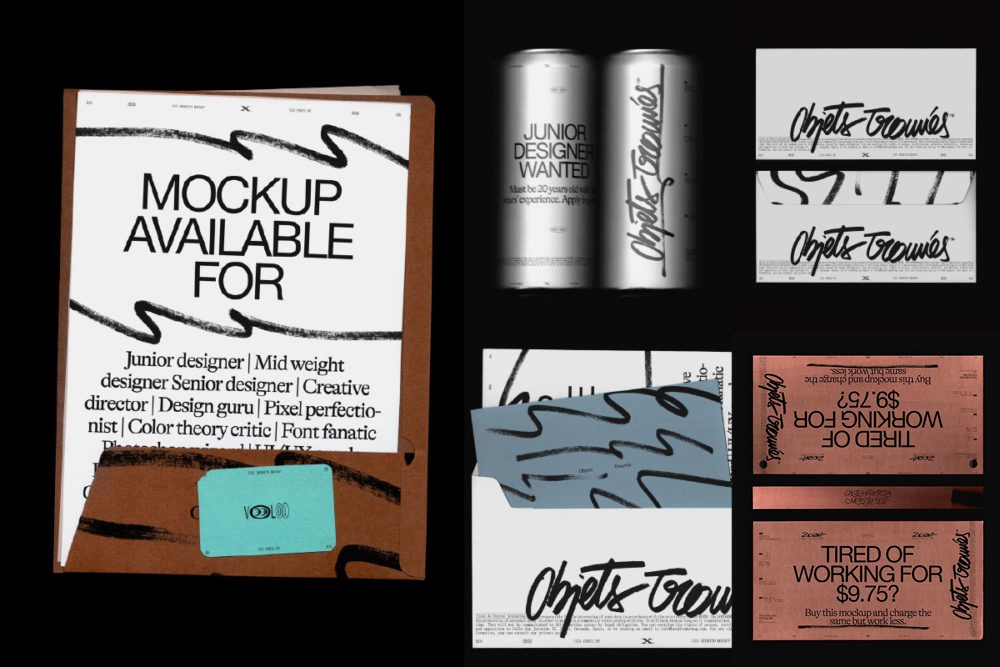 10款国外潮流做旧信封文件夹明信片咖啡杯易拉罐锡罐品牌Vi设计展示PSD样机模板Bendito Mockup – Objets Trouvés Mockup Collection Vol 1 样机素材 sucaiwan.com