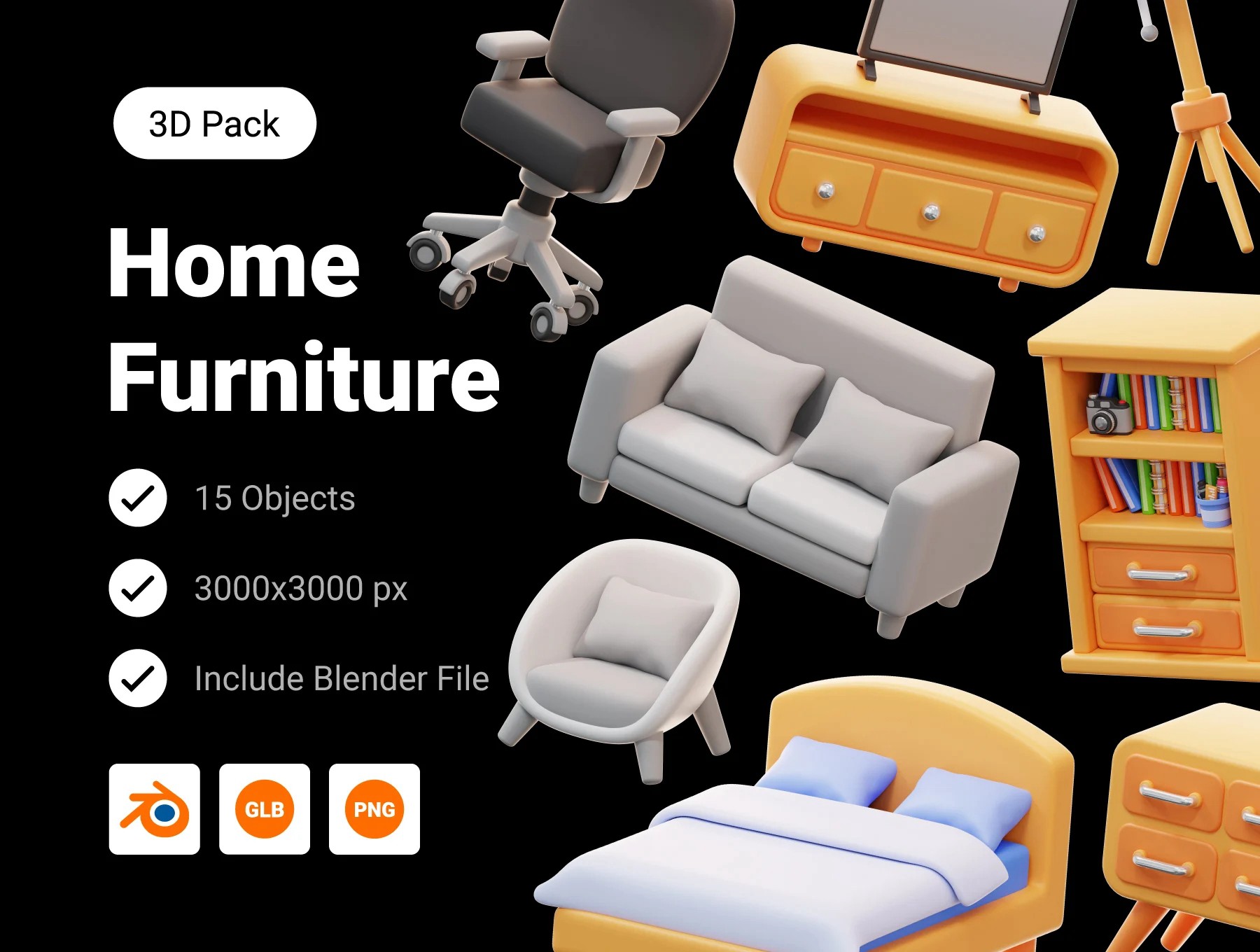 15款高级3D质感家具沙发柜子床图标Icons设计Blender/Png格式素材Home Furniture 3D Icon Pack 图标素材 sucaiwan.com