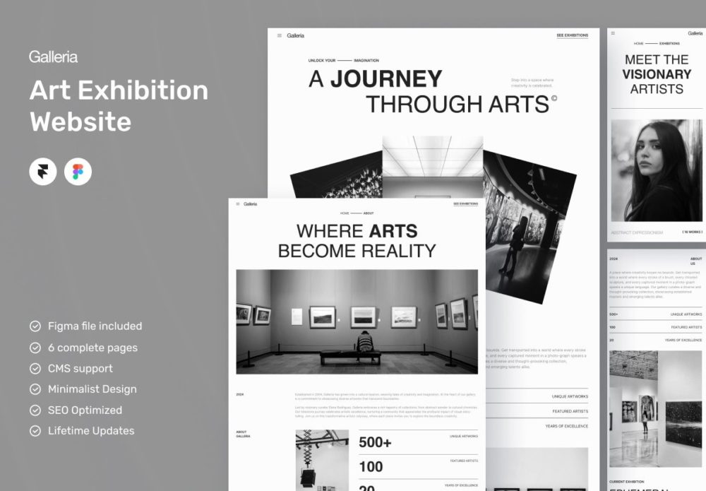 6屏华丽优雅活动绘画摄影艺术作品展览网站登录界面web ui设计figma/framer模板素材 Galleria – Minimalist Art Exhibition Framer Template APP UI sucaiwan.com