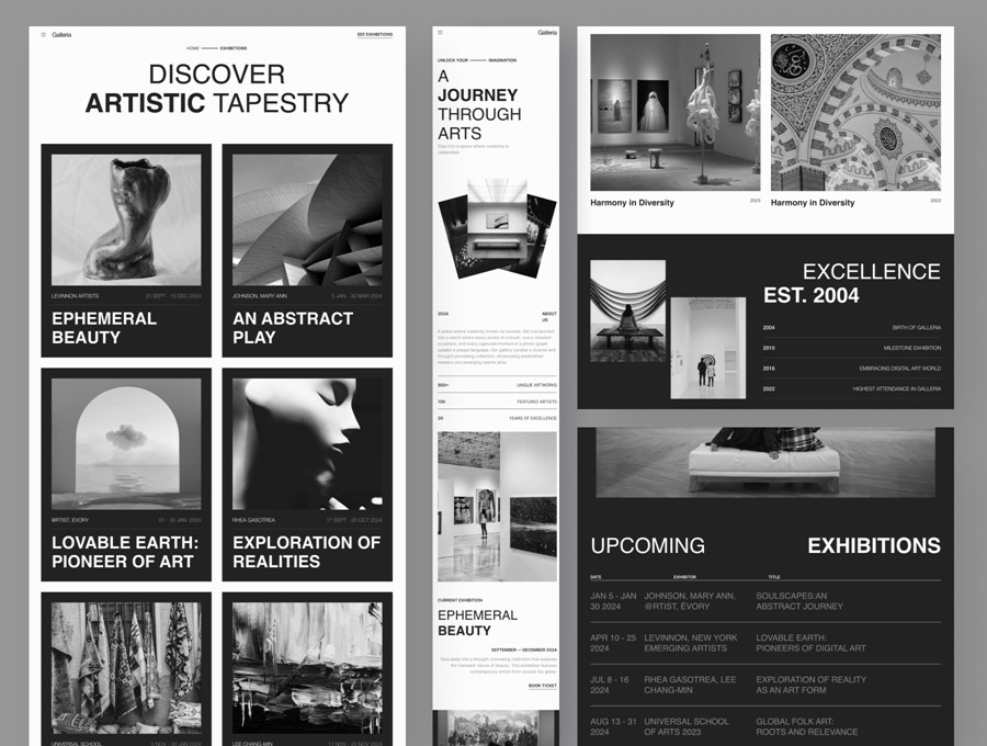 6屏华丽优雅活动绘画摄影艺术作品展览网站登录界面web ui设计figma/framer模板素材 Galleria – Minimalist Art Exhibition Framer Template APP UI sucaiwan.com