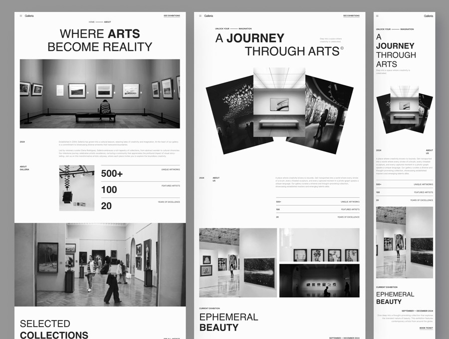 6屏华丽优雅活动绘画摄影艺术作品展览网站登录界面web ui设计figma/framer模板素材 Galleria – Minimalist Art Exhibition Framer Template APP UI sucaiwan.com