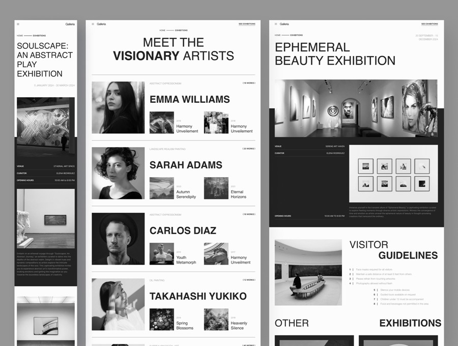 6屏华丽优雅活动绘画摄影艺术作品展览网站登录界面web ui设计figma/framer模板素材 Galleria – Minimalist Art Exhibition Framer Template APP UI sucaiwan.com