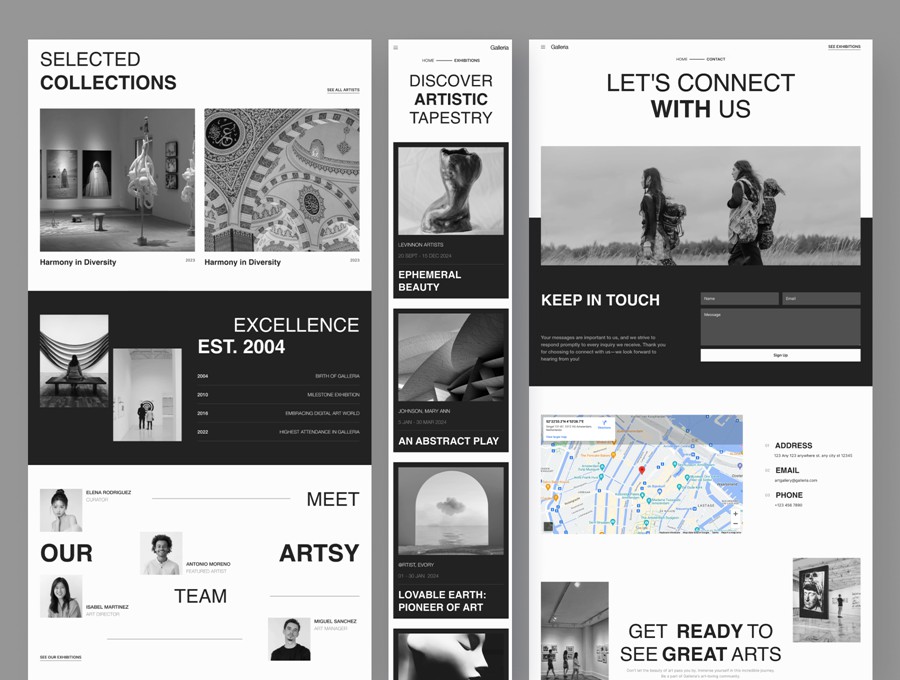 6屏华丽优雅活动绘画摄影艺术作品展览网站登录界面web ui设计figma/framer模板素材 Galleria – Minimalist Art Exhibition Framer Template APP UI sucaiwan.com