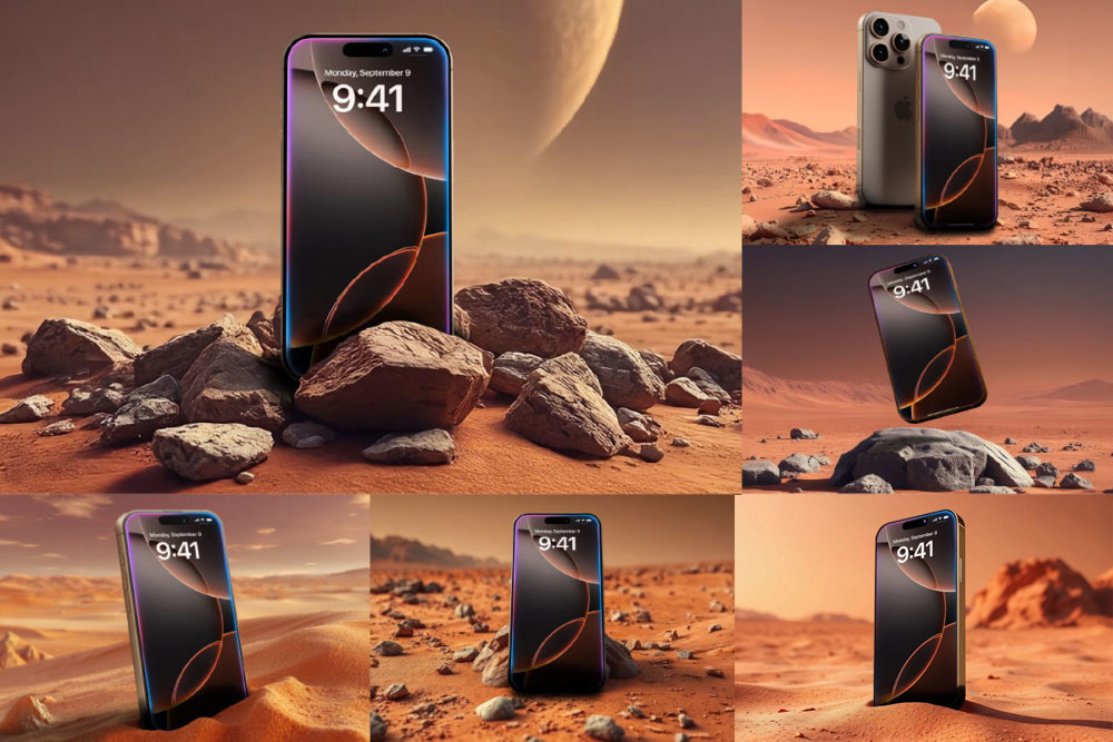 8款未来科幻星球荒漠场景UI界面广告设计苹果iPhone 16 Pro手机展示效果图PSD样机模板iPhone 16 Pro Mockups 样机素材 sucaiwan.com