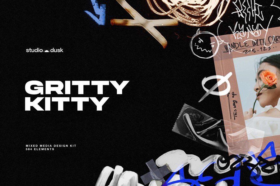 584款真实扫描涂鸦线条塑料胶带边框撕纸褶皱纸片剪贴字母拼图元素背景图PS设计素材 Gritty Kitty — Grunge Design Kit 图片素材 sucaiwan.com