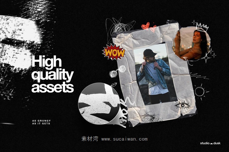 584款真实扫描涂鸦线条塑料胶带边框撕纸褶皱纸片剪贴字母拼图元素背景图PS设计素材 Gritty Kitty — Grunge Design Kit 图片素材 sucaiwan.com