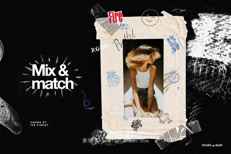 584款真实扫描涂鸦线条塑料胶带边框撕纸褶皱纸片剪贴字母拼图元素背景图PS设计素材 Gritty Kitty — Grunge Design Kit 图片素材 sucaiwan.com