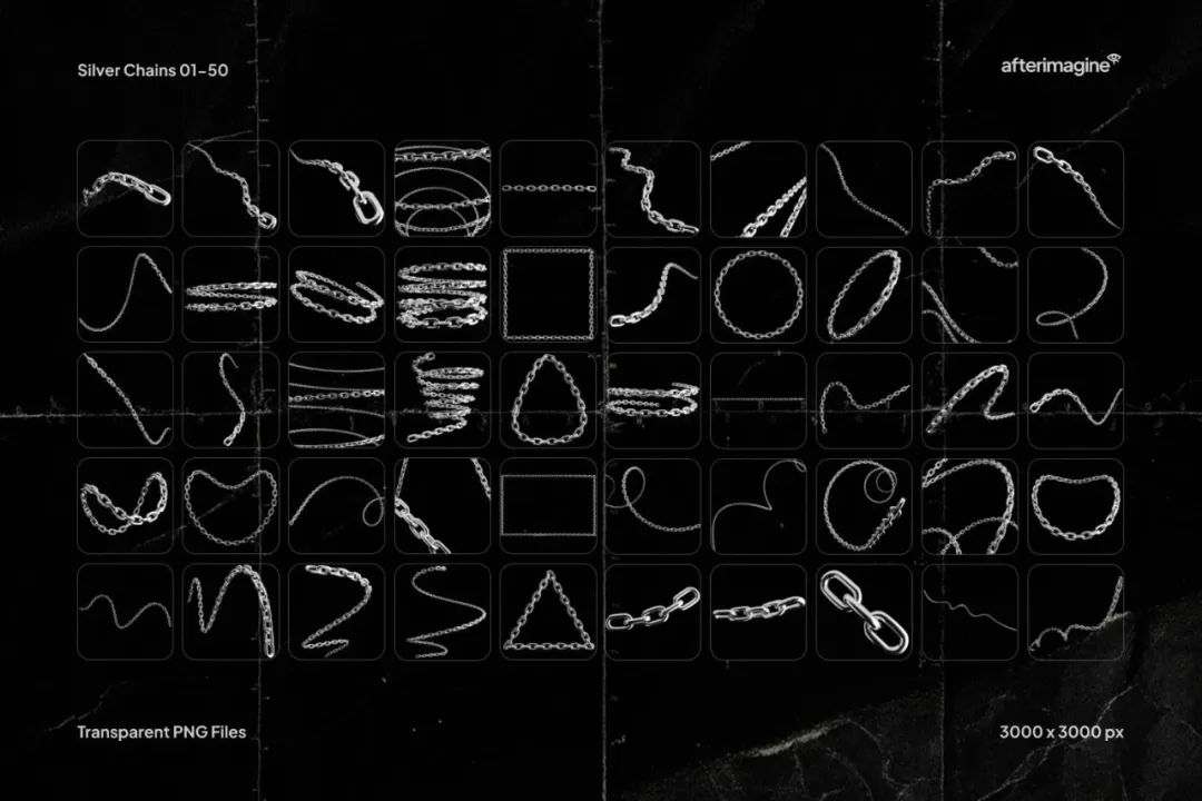 174款复古Y2K酸性镀铬银色金属多样化锁链链条铁链几何抽象PNG免扣元素设计套装 Studio 2AM - Chains , sucaiwan.com