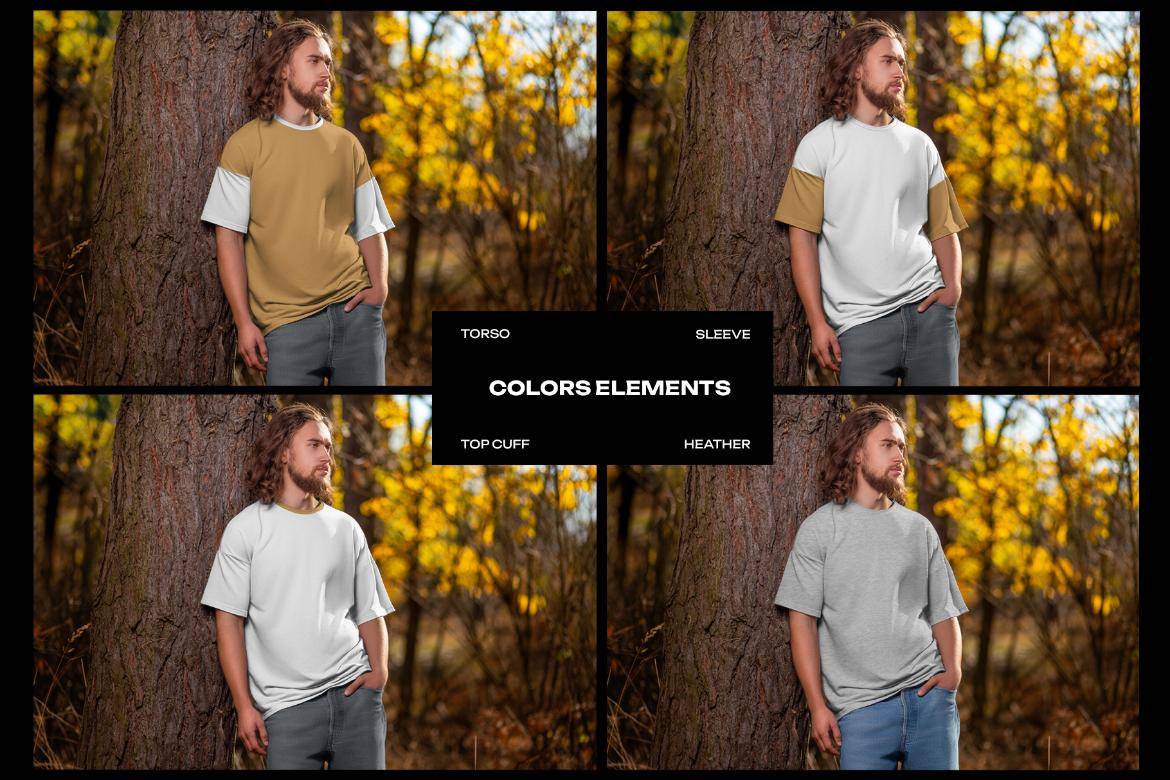 4款户外拍摄男士超大T恤半袖图案作品设计展示效果图ps样机模板素材4 Mockups of Men’s Oversize T-Shirt at the Outdoor. Forest. vol.04 样机素材 sucaiwan.com