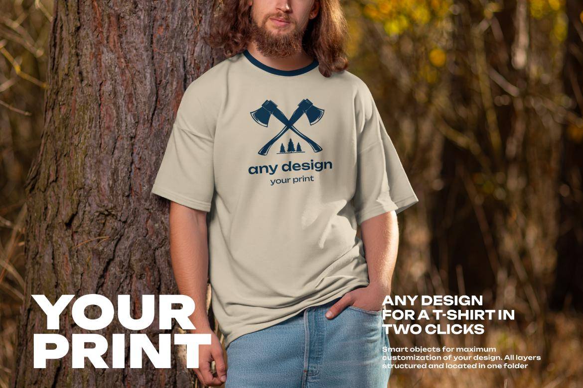 4款户外拍摄男士超大T恤半袖图案作品设计展示效果图ps样机模板素材4 Mockups of Men’s Oversize T-Shirt at the Outdoor. Forest. vol.04 样机素材 sucaiwan.com