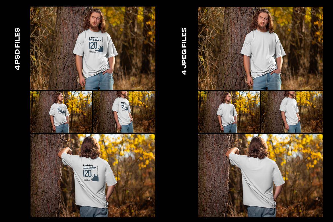4款户外拍摄男士超大T恤半袖图案作品设计展示效果图ps样机模板素材4 Mockups of Men’s Oversize T-Shirt at the Outdoor. Forest. vol.04 样机素材 sucaiwan.com
