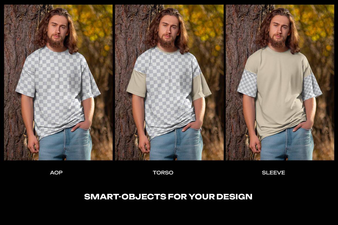 4款户外拍摄男士超大T恤半袖图案作品设计展示效果图ps样机模板素材4 Mockups of Men’s Oversize T-Shirt at the Outdoor. Forest. vol.04 样机素材 sucaiwan.com