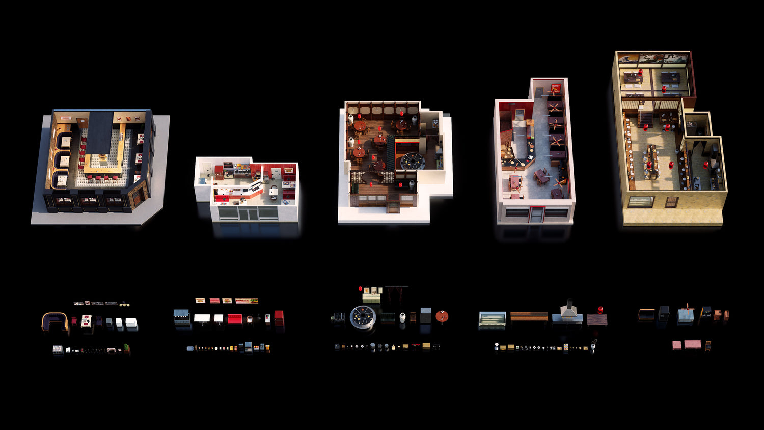 Blender中式餐厅汉堡店酒吧室内场景3D模型素材Kitbash3D – Restaurants 样机素材 sucaiwan.com