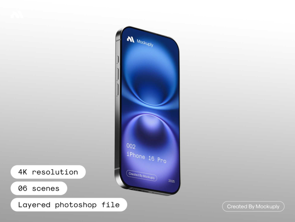 时尚4k高清ui广告界面设计苹果iphone 16 pro手机展示效果图psd样机模板iPhone 16 Pro Mockup, Mockuply Pro 样机素材 sucaiwan.com