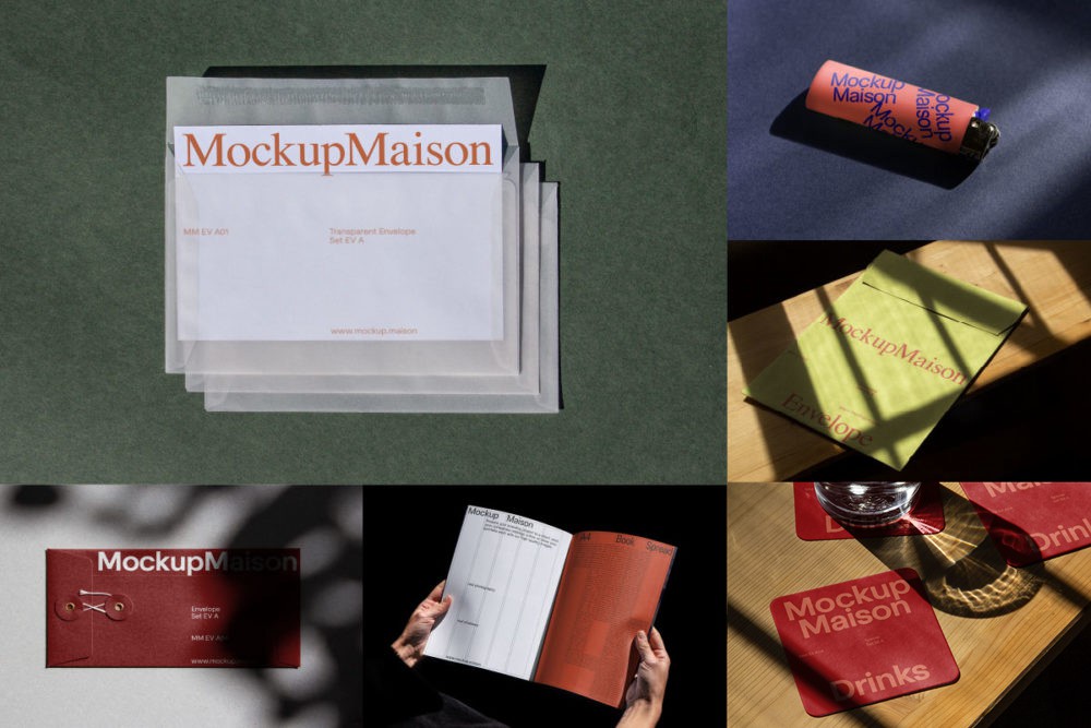 11款小众信封档案袋单页画册杂志杯垫打火机vi设计贴图psd样机模板Masion Mockup – Branding Mockup Vol 2 样机素材 sucaiwan.com
