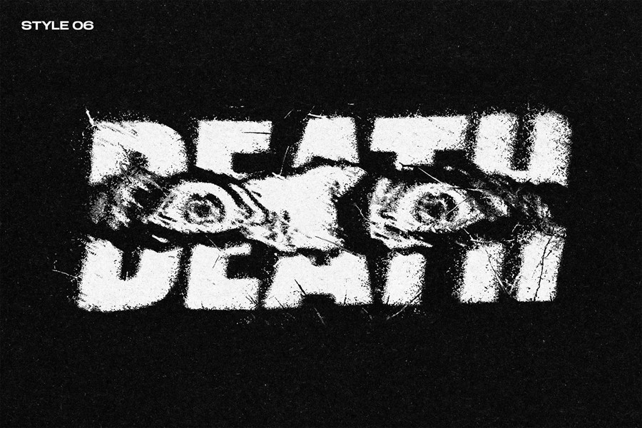 失真颗粒溶解锯齿状模糊边缘磨损效果ps标题文本特效滤镜样机 Dust Distortion Text & Logo Effect 插件预设 sucaiwan.com